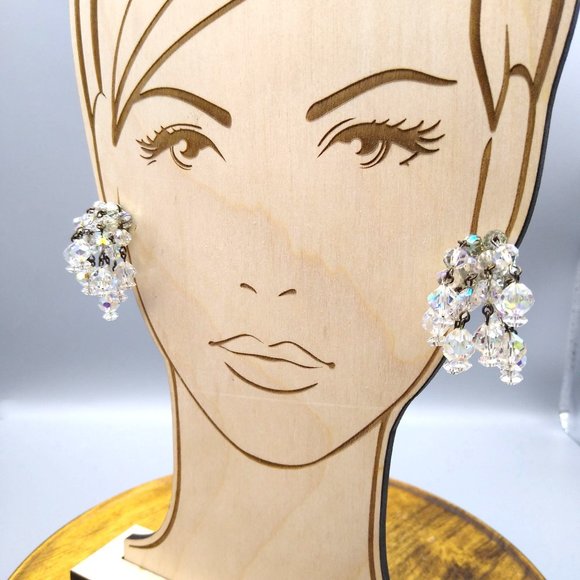 Vintage AB Crystal Beads ChaCha Earrings, Clip Ons with Clear Faceted Aurora - Picture 4 of 5